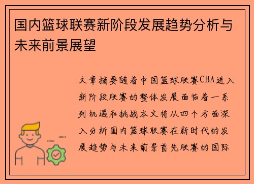 国内篮球联赛新阶段发展趋势分析与未来前景展望