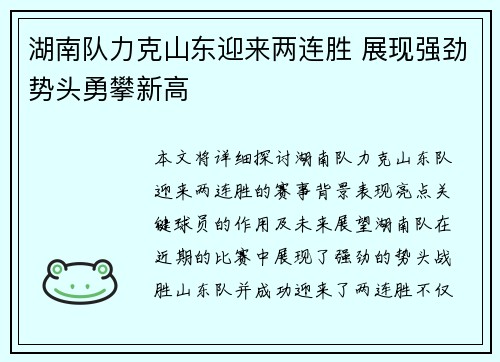 湖南队力克山东迎来两连胜 展现强劲势头勇攀新高