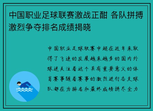 中国职业足球联赛激战正酣 各队拼搏激烈争夺排名成绩揭晓