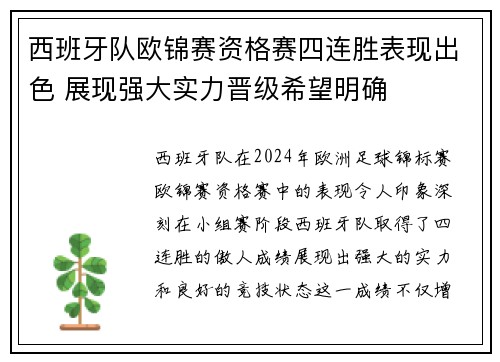 西班牙队欧锦赛资格赛四连胜表现出色 展现强大实力晋级希望明确